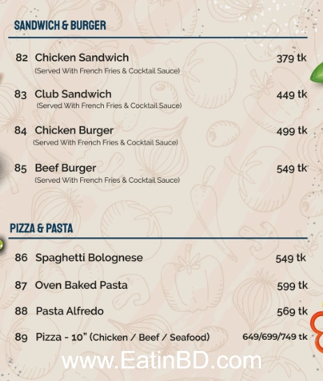 Buriganga Riverview Restaurant menu - sandwich, burger, pizza, pasta
